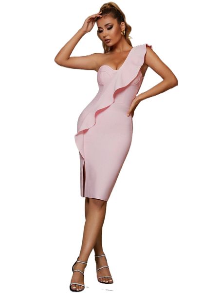 adyce ruffle trim one shoulder zip back bandage dress l9xl#, Black;gray 
adyce ruffle trim one shoulder zip back bandage dress l9xl#, Black;gray