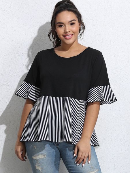 plus contrast striped panel peplum k4h2#, Black 
plus contrast striped panel peplum k4h2#, Black