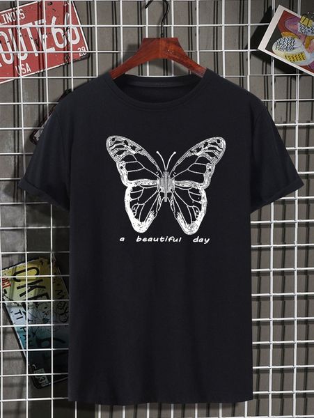 men butterfly & letter graphic tee 82bz#, White;black 
men butterfly & letter graphic tee 82bz#, White;black