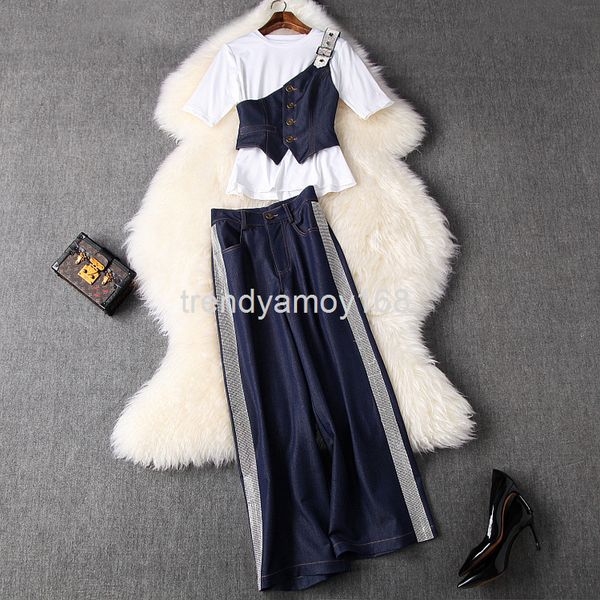 women's two piece pants spring / summer women's solid color short sleeve t-shirt + denim waist seal drill wide leg pants fashion t, White
women's two piece pants spring / summer women's solid color short sleeve t-shirt + denim waist seal drill wide leg pants fashion t, White