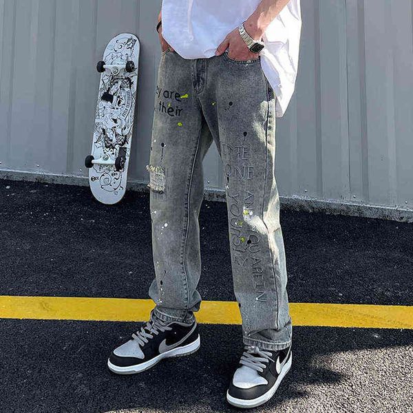 street retro high washed hole embroidered jeans men's harakili loose straight ripped oversized casual denim trousers t220803, Blue
street retro high washed hole embroidered jeans men's harakili loose straight ripped oversized casual denim trousers t220803, Blue