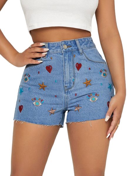 petite high waist heart & star embroidered denim shorts h5mp#, White;black