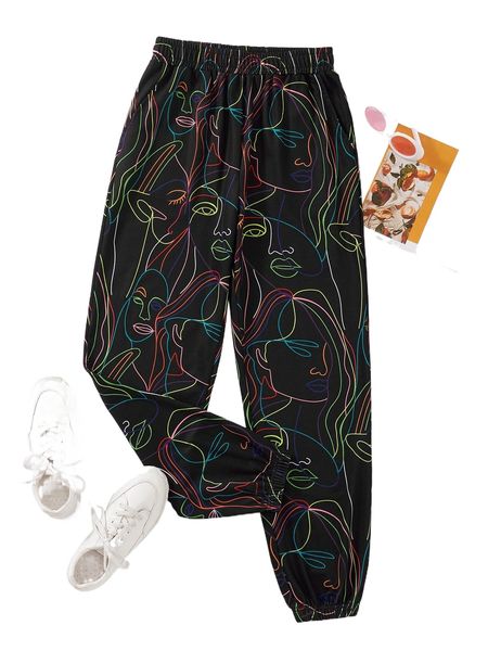 figure graphic elastic waist sweatpants f3u8#, Black;white