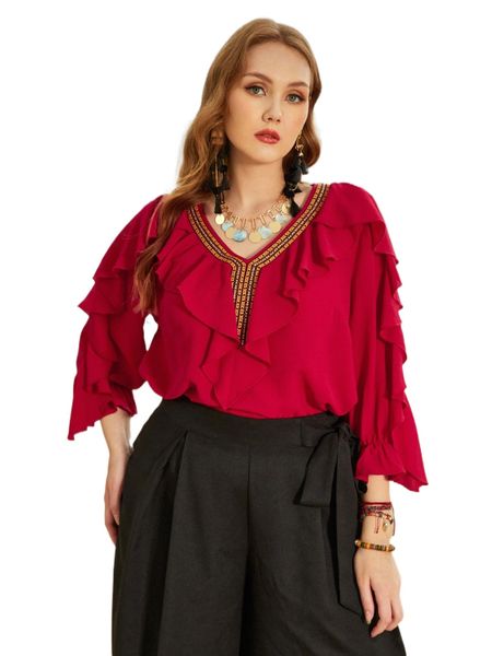 plus v-neck contrast tape ruffle detail d0x6#, Black
plus v-neck contrast tape ruffle detail d0x6#, Black