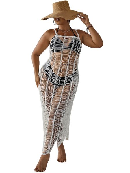 plus open stitch cover up dress without bikini set 32zo#, Black