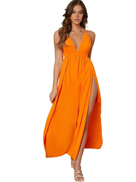 neon orange plunging neck crisscross back split thigh cami dress l65x#, Black;gray
neon orange plunging neck crisscross back split thigh cami dress l65x#, Black;gray