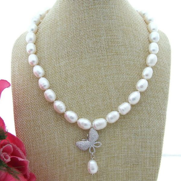 beautiful 18" white rice freshwater pearl necklace butterfly zircon pendant, Silver
beautiful 18" white rice freshwater pearl necklace butterfly zircon pendant, Silver