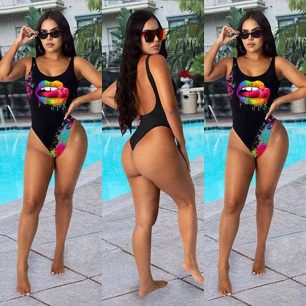 m2046 women's fashion trend printed lip swimsuit, White;black 
m2046 women's fashion trend printed lip swimsuit, White;black