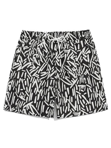 romwe guys all over print drawstring shorts x3yp#, White;black