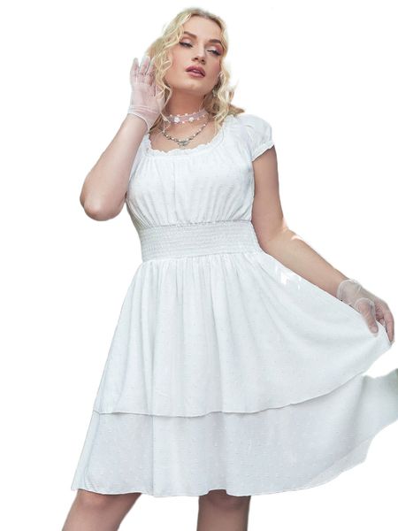 plus swiss dot shirred waist layered hem dress o756#, Black 
plus swiss dot shirred waist layered hem dress o756#, Black
