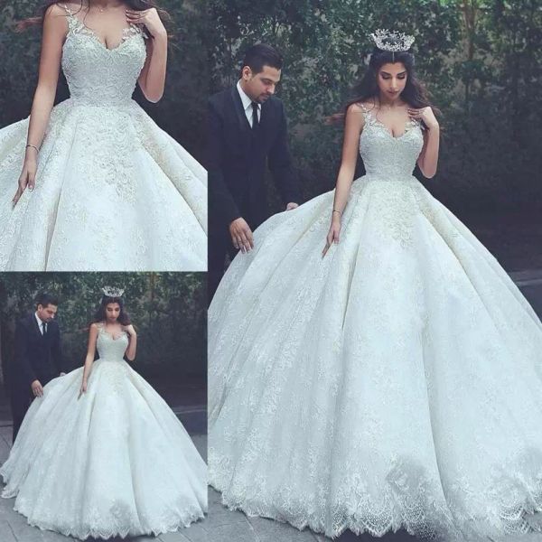 

2022 ballgown wedding dresses spagetti straps bridal gown lace applique floor length custom made plus size princess vestido de novia, White
