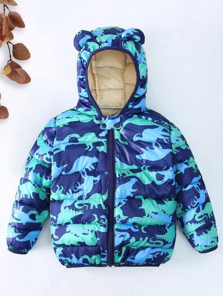 toddler boys dinosaur print 3d ears design hooded puffer coat she, Blue;gray