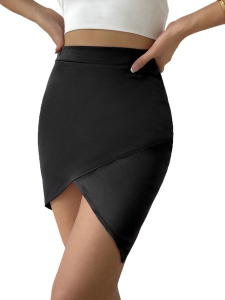 solid tulip hem bodycon skirt s74n#, Black