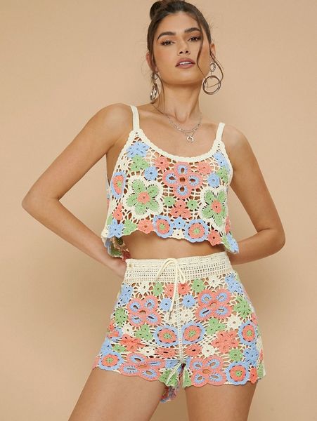 floral pattern crochet cover up and shorts set 19zl#, White;black