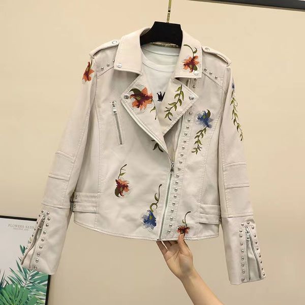 t230 women's female's zipper rivets embroidery flower leather jacket blazer new dj punk leather short jacket motorcycle jacket, White;black
t230 women's female's zipper rivets embroidery flower leather jacket blazer new dj punk leather short jacket motorcycle jacket, White;black