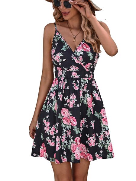 floral print cami dress 90t5#, Black;gray
