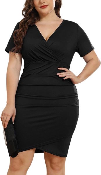 womens plus size short sleeve deep v neck bodycon wrap dress with front slit u917#, Black;gray
womens plus size short sleeve deep v neck bodycon wrap dress with front slit u917#, Black;gray