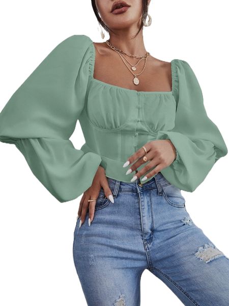 square neck lantern sleeve ruched crop blouse 65qp#, White
square neck lantern sleeve ruched crop blouse 65qp#, White