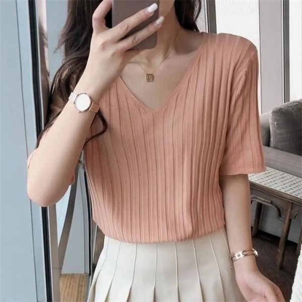 ribbed women's tshirts summer knitting loose elegant vneck blouses striped short sleeve aesthetic clothes korean style 220520, White
ribbed women's tshirts summer knitting loose elegant vneck blouses striped short sleeve aesthetic clothes korean style 220520, White