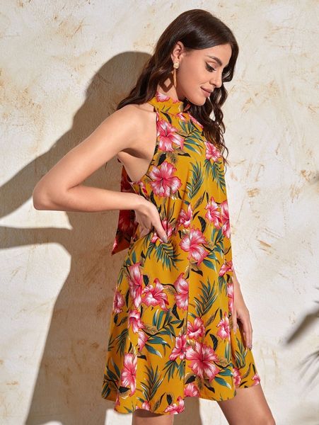 tie back floral halter dress o4pu#, Black;gray