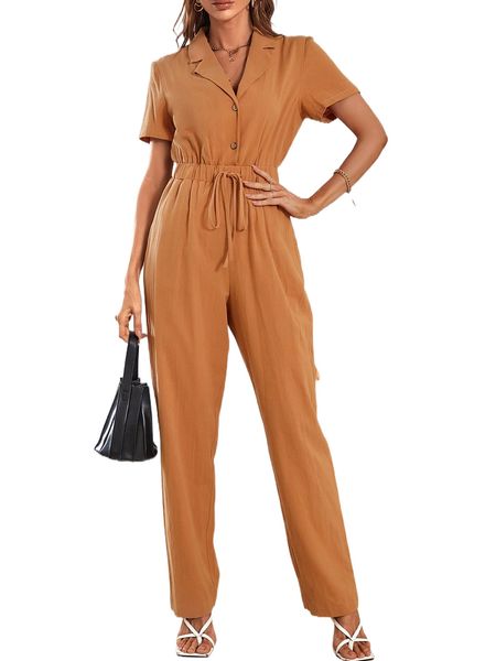 lapel neck drawstring waist jumpsuit e1xk#, Black;white