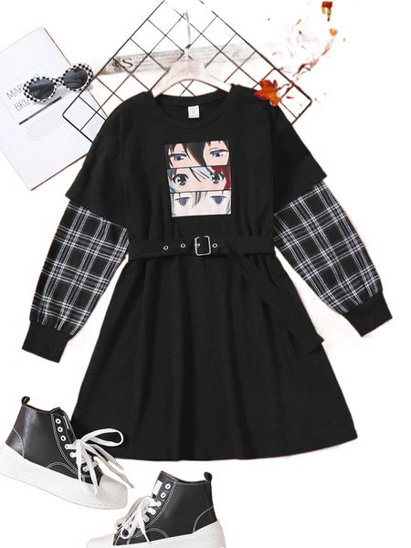 girls plaid and figure graphic belted 2 in 1 dress m97a#, Black;white 
girls plaid and figure graphic belted 2 in 1 dress m97a#, Black;white