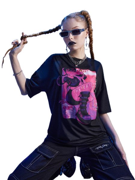 romwe cyber luvr cartoon figure graphic tee 43tn#, White 
romwe cyber luvr cartoon figure graphic tee 43tn#, White