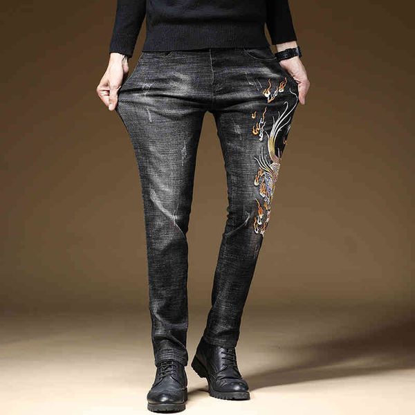 men's jeans design jeans men's autumn and winter elastic slim fit embroidered longchao pants 8607 uyj8, Blue