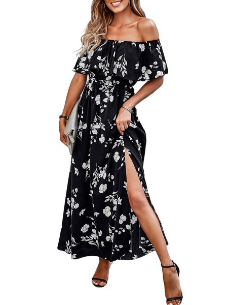floral print off shoulder ruffle trim slit thigh dress 99uq#, Black;gray