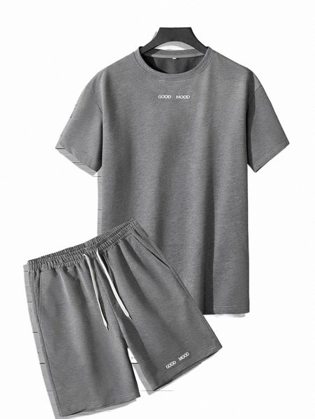 men letter graphic tee & drawstring waist shorts d5qc#, Gray 
men letter graphic tee & drawstring waist shorts d5qc#, Gray