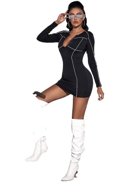 contrast binding bodycon dress l7p7#, Black;gray
contrast binding bodycon dress l7p7#, Black;gray