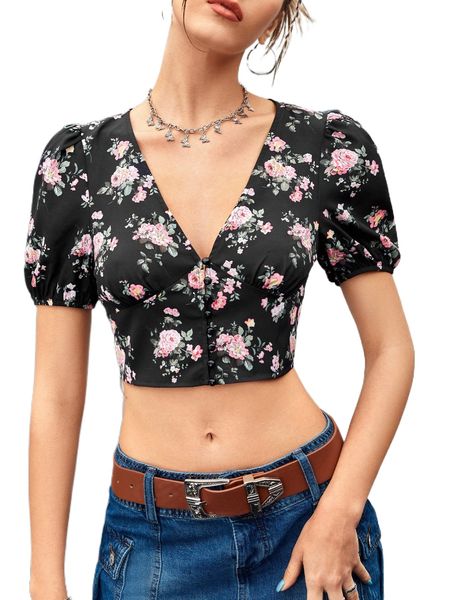 floral print puff sleeve crop blouse l74e#, White
floral print puff sleeve crop blouse l74e#, White