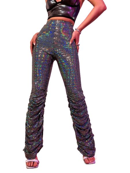 high waist holographic sequin stacked pants i3ze#, Black;white
high waist holographic sequin stacked pants i3ze#, Black;white