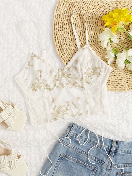 embroidery appliques detail cami 73ou#, White