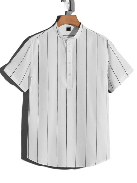 men striped print half button shirt 86hz#, White;black 
men striped print half button shirt 86hz#, White;black