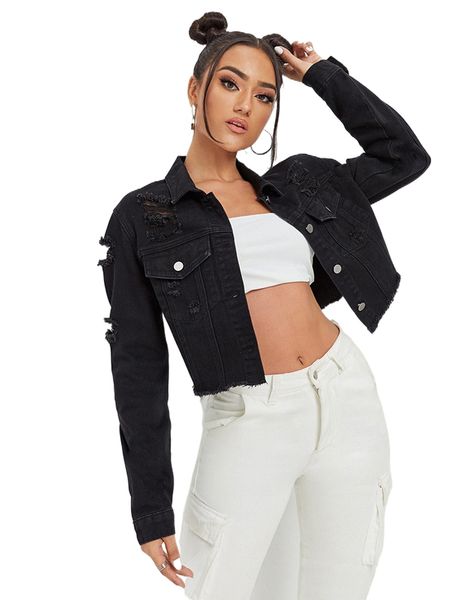 ripped raw trim denim jacket p1q4#, Black;brown 
ripped raw trim denim jacket p1q4#, Black;brown