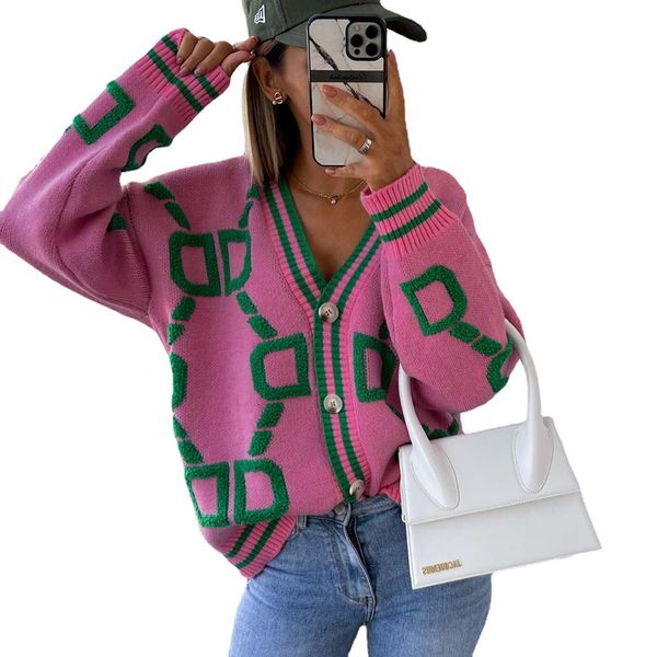 women v neck cardigan sweater 2022 autumn fashion female knitted long sleeve striped print button loose knit lady cardigan, White;black
women v neck cardigan sweater 2022 autumn fashion female knitted long sleeve striped print button loose knit lady cardigan, White;black