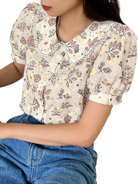 dazy floral embroidery peter pan collar puff sleeve blouse b8ib#, White 
dazy floral embroidery peter pan collar puff sleeve blouse b8ib#, White