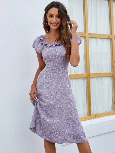 ditsy floral ruffle trim dress k11d#, Black;gray 
ditsy floral ruffle trim dress k11d#, Black;gray