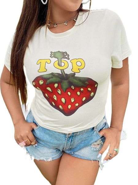 plus letter & strawberry print tee 8491#, Black