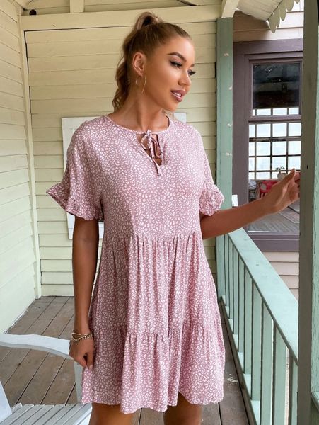 leopard ruffle hem smock dress l7bk#, Black;gray 
leopard ruffle hem smock dress l7bk#, Black;gray