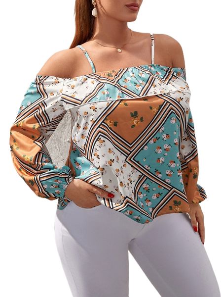 plus scarf print cold shoulder blouse d999#, Black