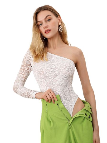 one shoulder slim fit lace bodysuit j6d8#, White