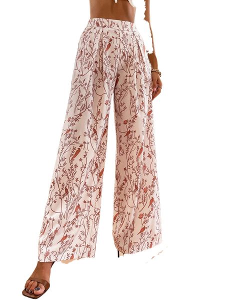bird & plant print fold pleated wide leg pants s9yt#, Black;white 
bird & plant print fold pleated wide leg pants s9yt#, Black;white
