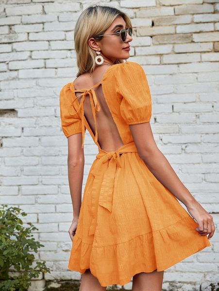 puff sleeve tied open back dress s687#, Black;gray
puff sleeve tied open back dress s687#, Black;gray