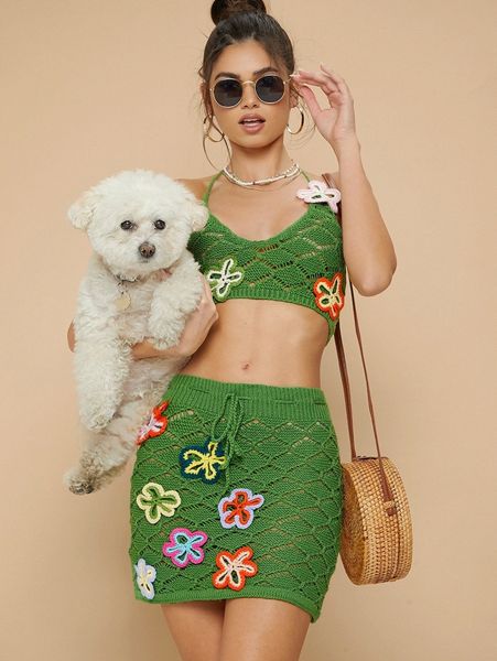 random flower halter crochet with mini skirt g8os#, White;black