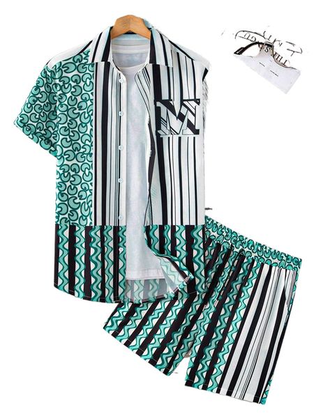 men color block striped & letter graphic shirt & shorts q8qt#, Gray 
men color block striped & letter graphic shirt & shorts q8qt#, Gray