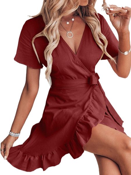 ruffle trim tie side wrap dress n69w#, Black;gray