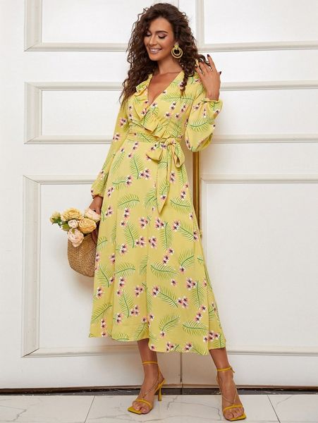 missord tropical print ruffle trim lantern sleeve belted dress h7r3#, Black;gray 
missord tropical print ruffle trim lantern sleeve belted dress h7r3#, Black;gray