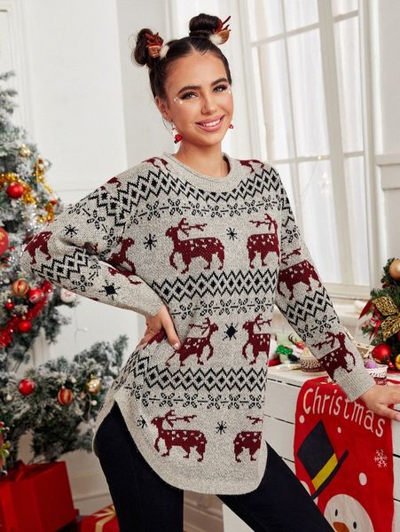 christmas elk and geo pattern asymmetrical hem sweater b4bi#, White;black
christmas elk and geo pattern asymmetrical hem sweater b4bi#, White;black